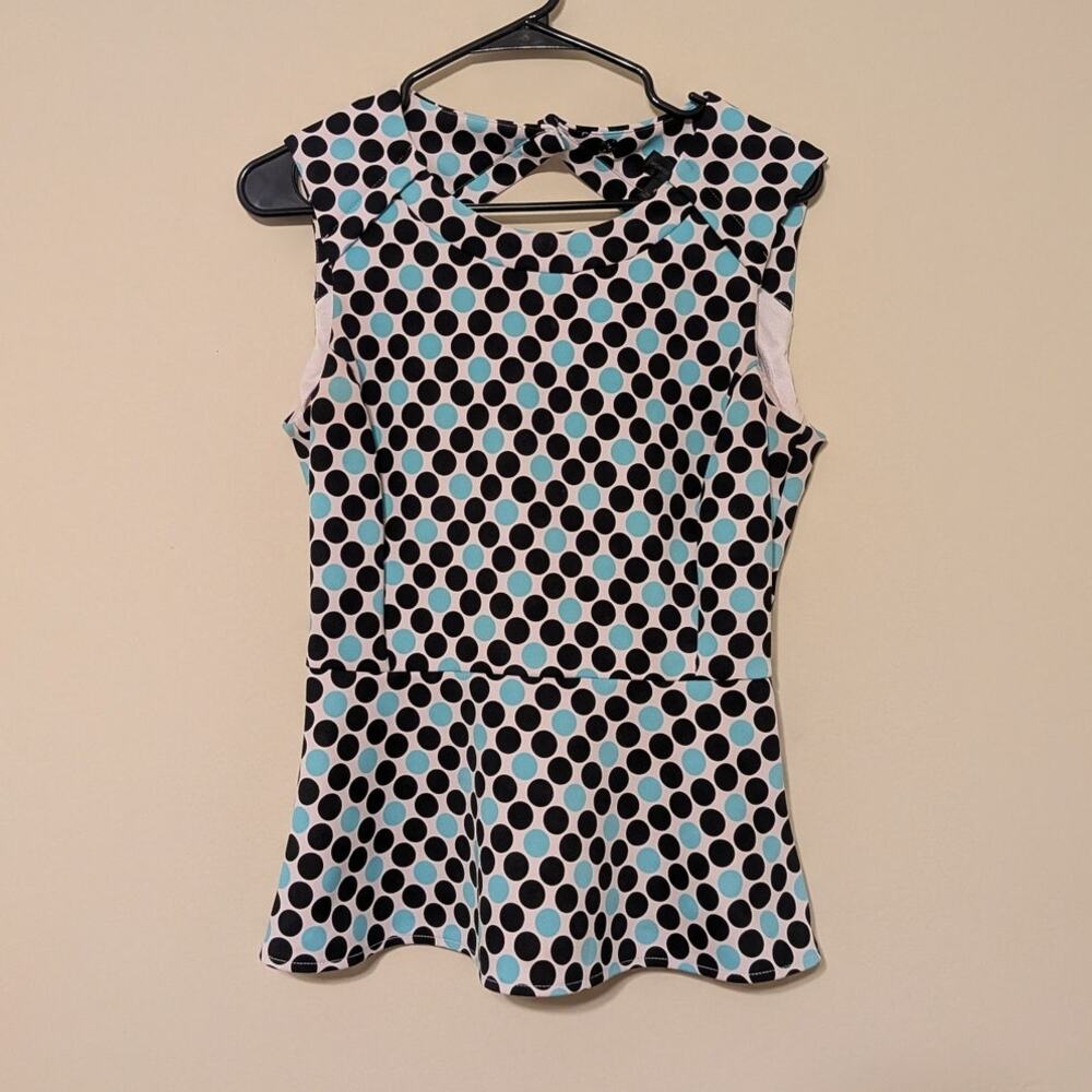 Worthington Mignon Polka Dot Blue & Black Sleevless Peplum Blouse